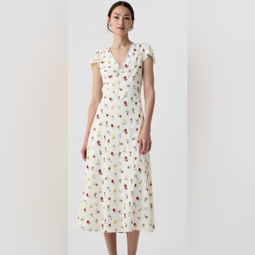 Gap x Dôen Floral Midi Dress Ivory Pansy Print Floral Tie Back NWT
